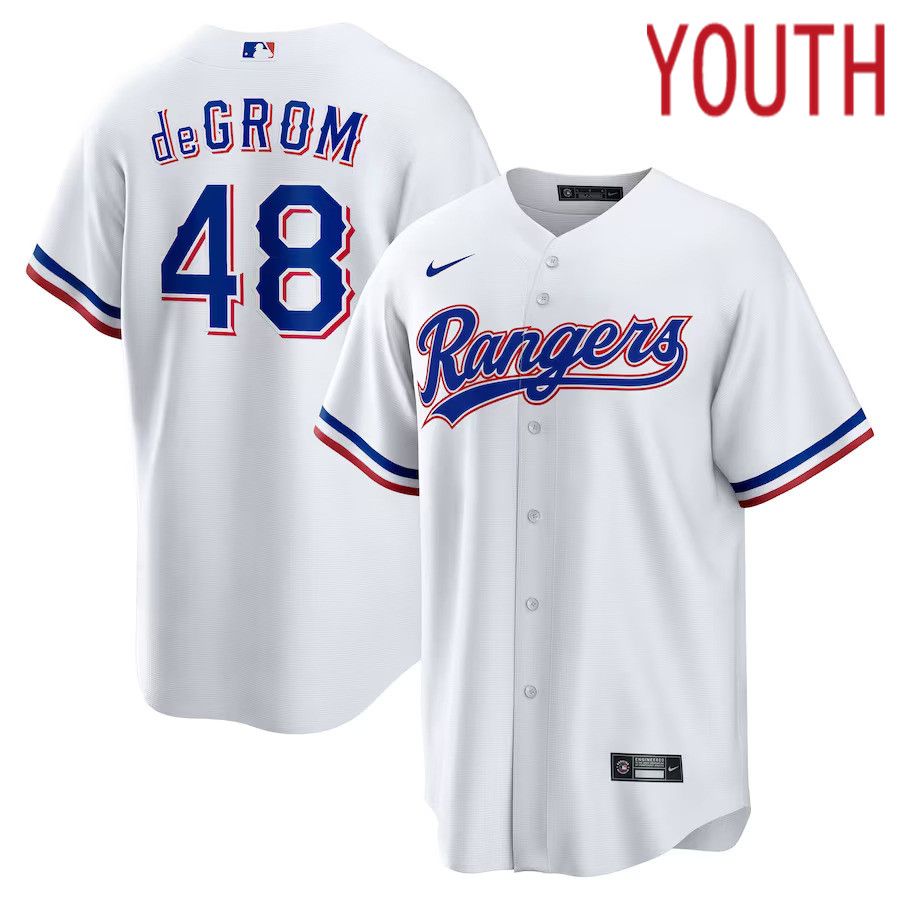 Youth Texas Rangers #48 Jacob deGrom Nike White Home Replica Player MLB Jersey